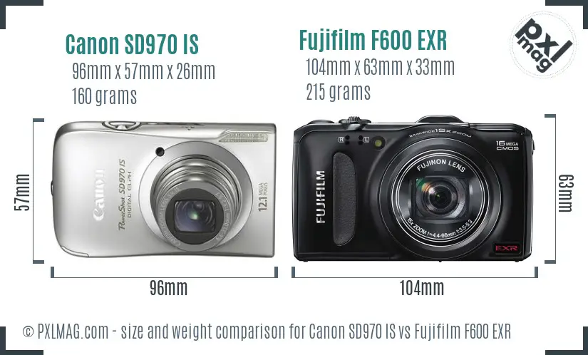 Canon SD970 IS vs Fujifilm F600 EXR size comparison