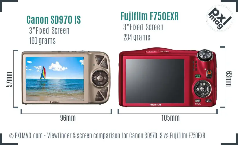 Canon SD970 IS vs Fujifilm F750EXR Screen and Viewfinder comparison