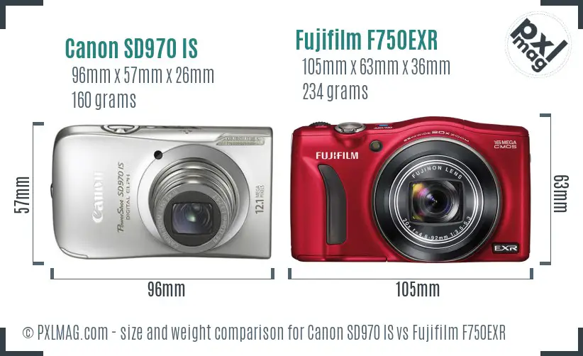 Canon SD970 IS vs Fujifilm F750EXR size comparison