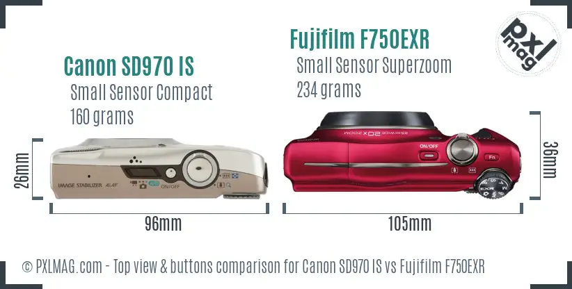 Canon SD970 IS vs Fujifilm F750EXR top view buttons comparison