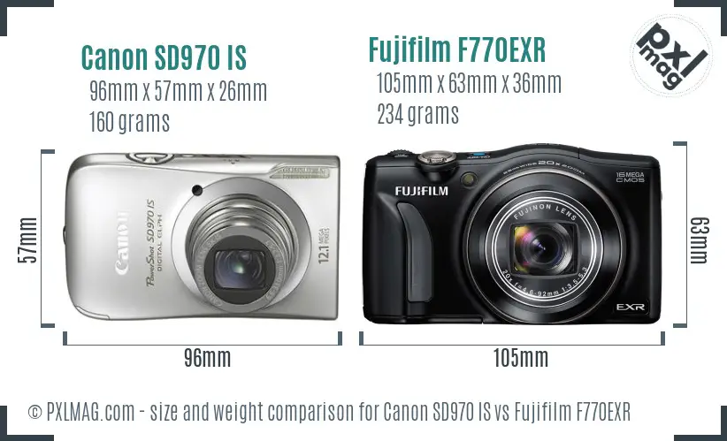 Canon SD970 IS vs Fujifilm F770EXR size comparison