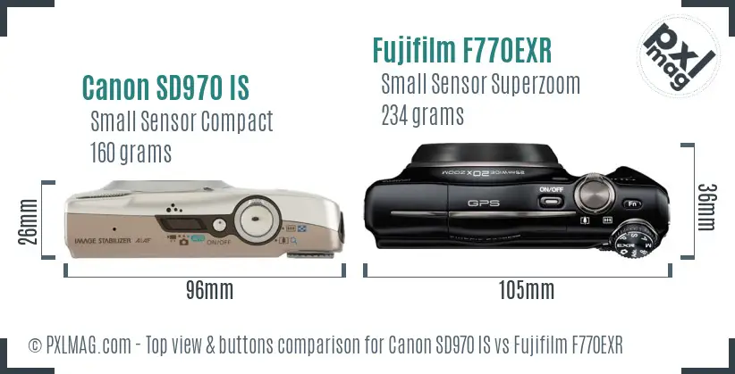 Canon SD970 IS vs Fujifilm F770EXR top view buttons comparison