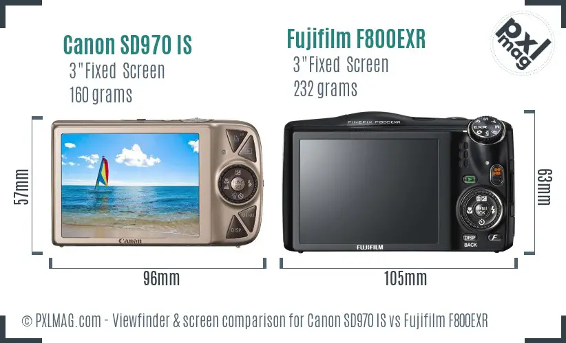 Canon SD970 IS vs Fujifilm F800EXR Screen and Viewfinder comparison