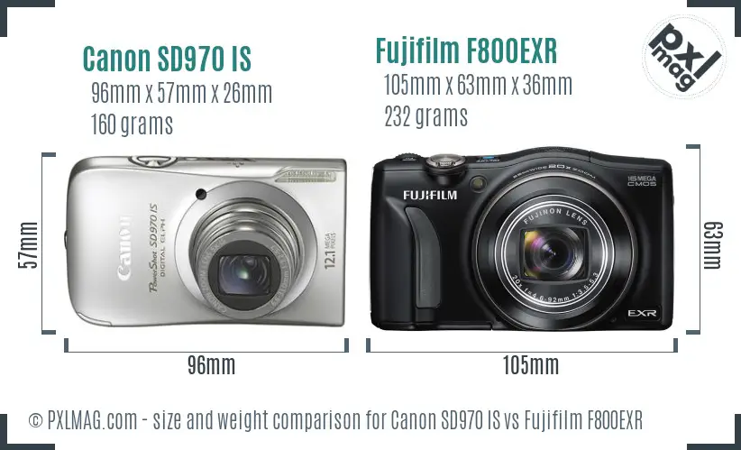 Canon SD970 IS vs Fujifilm F800EXR size comparison