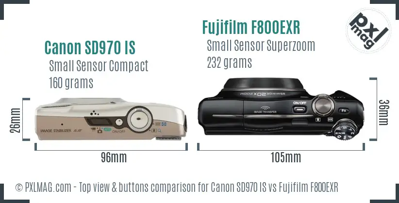 Canon SD970 IS vs Fujifilm F800EXR top view buttons comparison