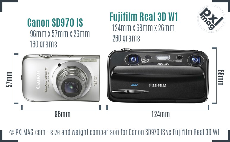 Canon SD970 IS vs Fujifilm Real 3D W1 size comparison Canon SD970 IS vs Fujifilm Real 3D W1 size comparison