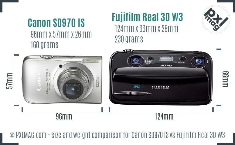 Canon SD970 IS vs Fujifilm Real 3D W3 size comparison