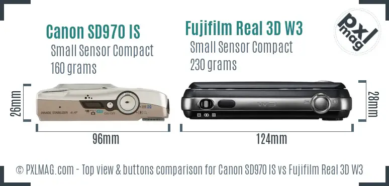 Canon SD970 IS vs Fujifilm Real 3D W3 top view buttons comparison