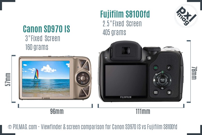 Canon SD970 IS vs Fujifilm S8100fd Screen and Viewfinder comparison