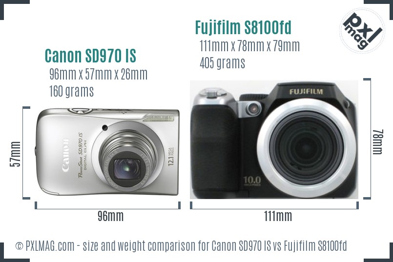 Canon SD970 IS vs Fujifilm S8100fd size comparison