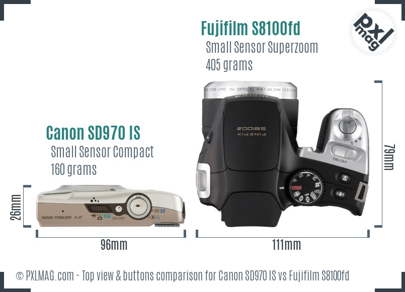 Canon SD970 IS vs Fujifilm S8100fd top view buttons comparison