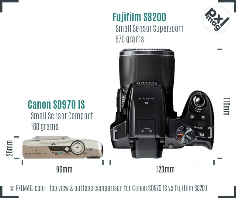 Canon SD970 IS vs Fujifilm S8200 top view buttons comparison