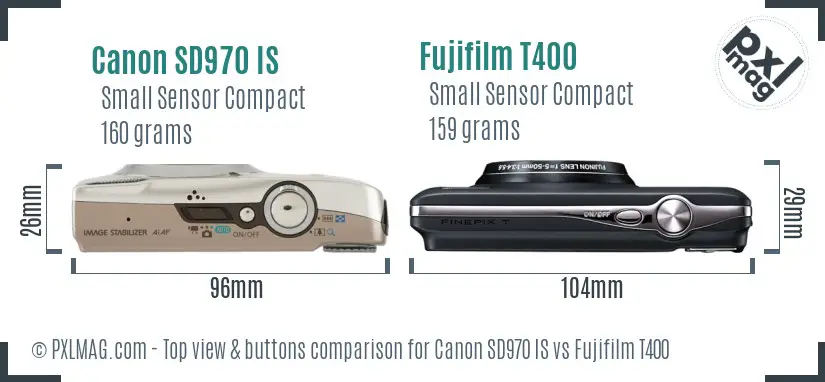 Canon SD970 IS vs Fujifilm T400 top view buttons comparison