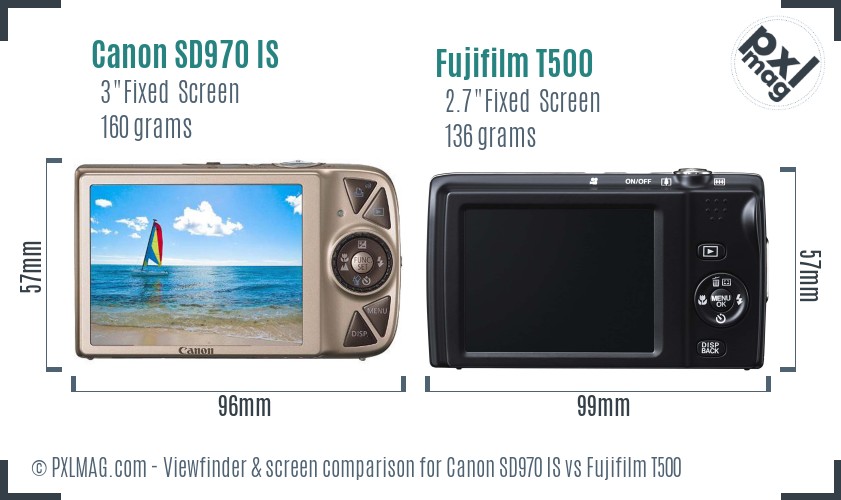 Canon SD970 IS vs Fujifilm T500 Screen and Viewfinder comparison