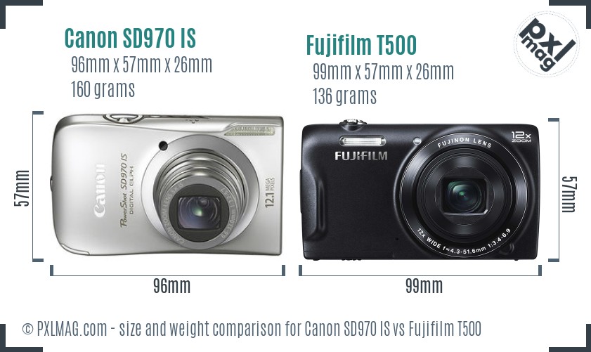 Canon SD970 IS vs Fujifilm T500 size comparison Canon SD970 IS vs Fujifilm T500 size comparison