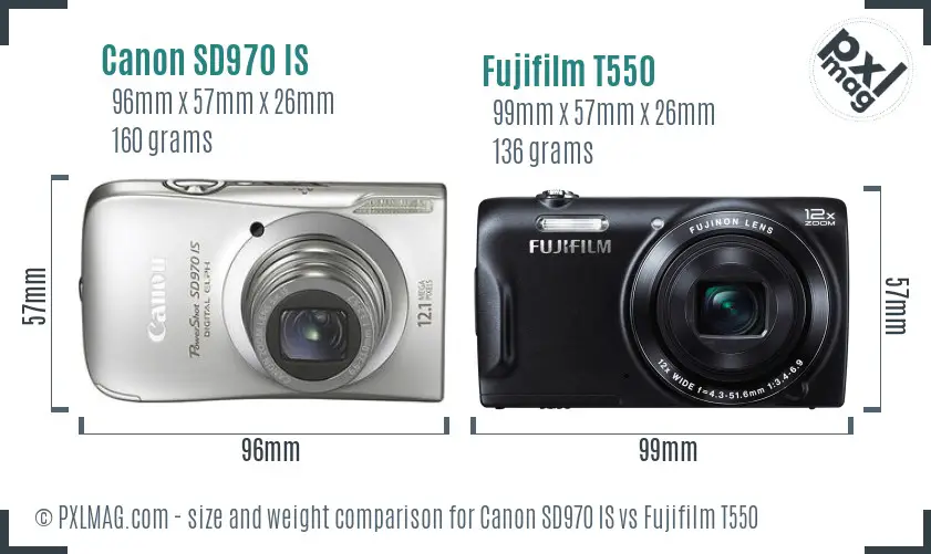Canon SD970 IS vs Fujifilm T550 size comparison