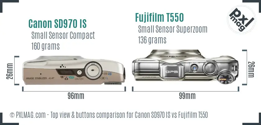 Canon SD970 IS vs Fujifilm T550 top view buttons comparison
