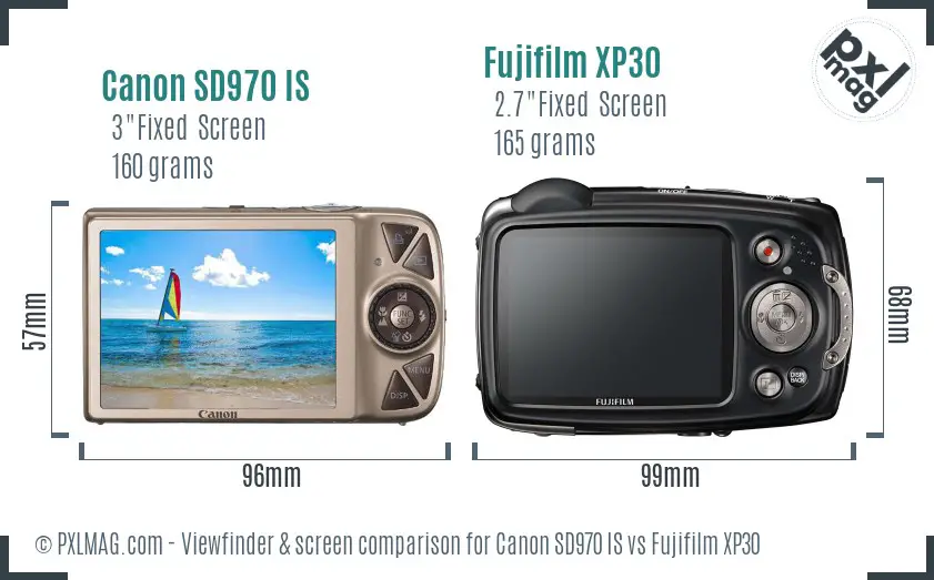 Canon SD970 IS vs Fujifilm XP30 Screen and Viewfinder comparison