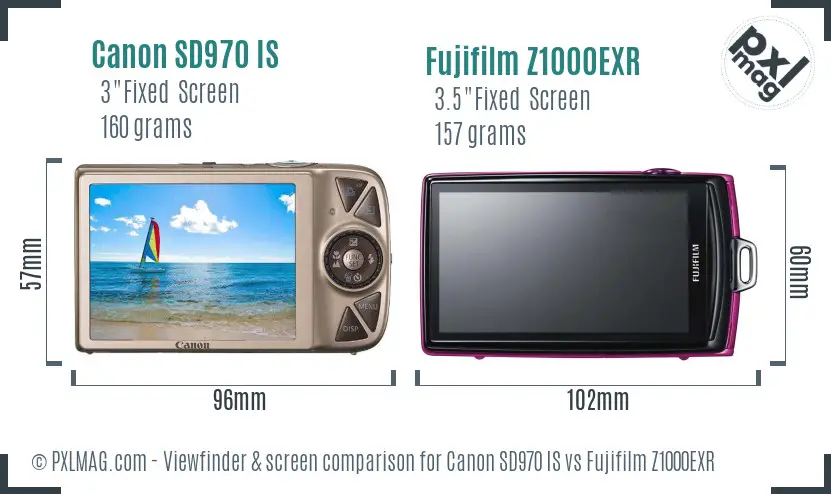 Canon SD970 IS vs Fujifilm Z1000EXR Screen and Viewfinder comparison
