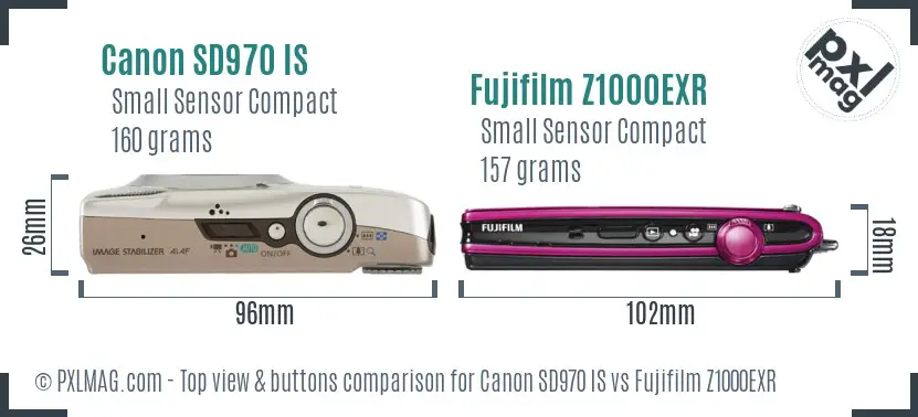 Canon SD970 IS vs Fujifilm Z1000EXR top view buttons comparison