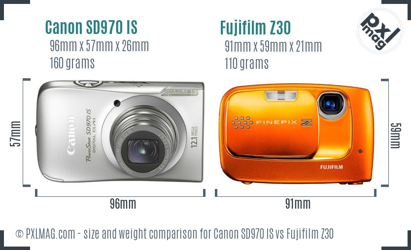 Canon SD970 IS vs Fujifilm Z30 size comparison