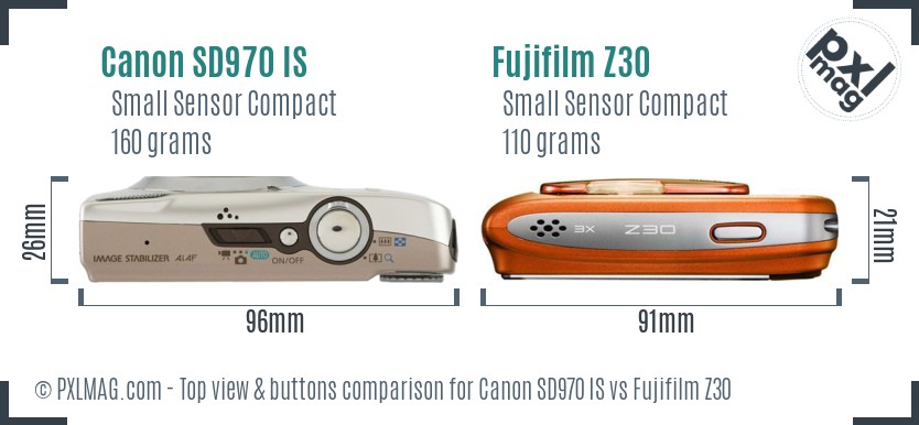 Canon SD970 IS vs Fujifilm Z30 top view buttons comparison