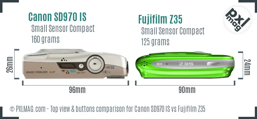 Canon SD970 IS vs Fujifilm Z35 top view buttons comparison