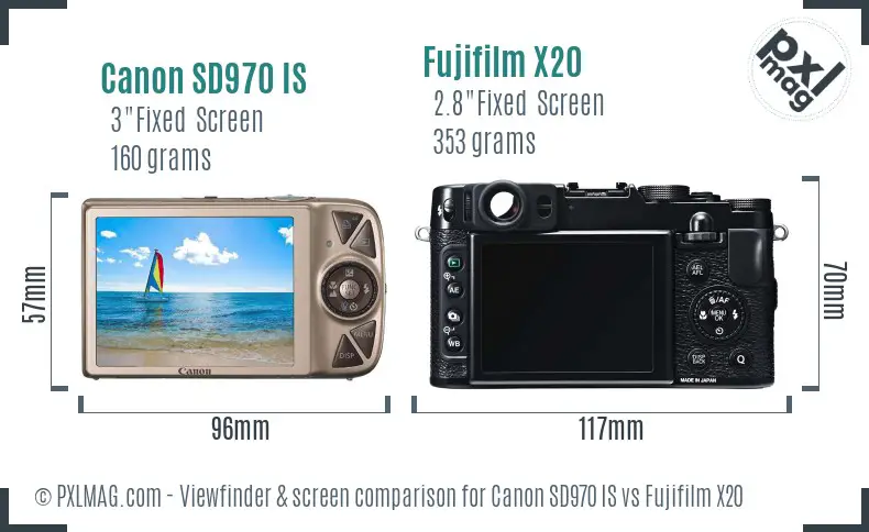 Canon SD970 IS vs Fujifilm X20 Screen and Viewfinder comparison