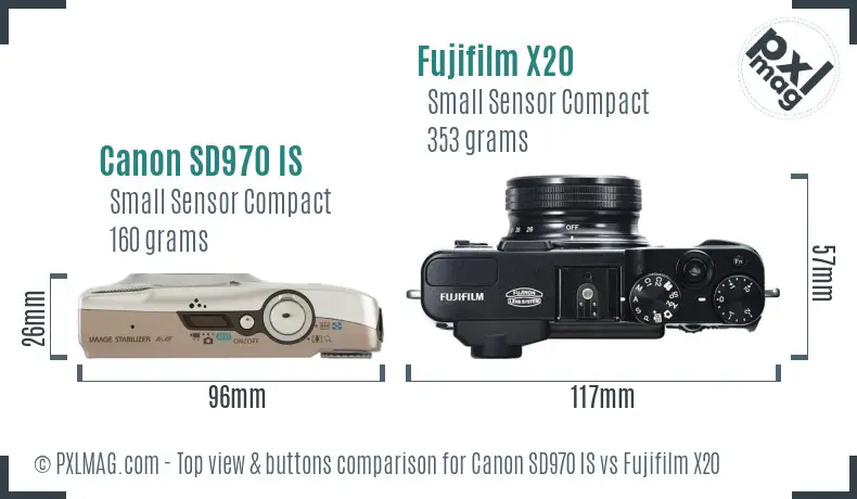 Canon SD970 IS vs Fujifilm X20 top view buttons comparison
