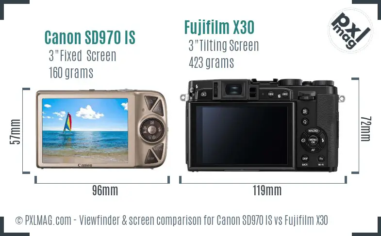 Canon SD970 IS vs Fujifilm X30 Screen and Viewfinder comparison