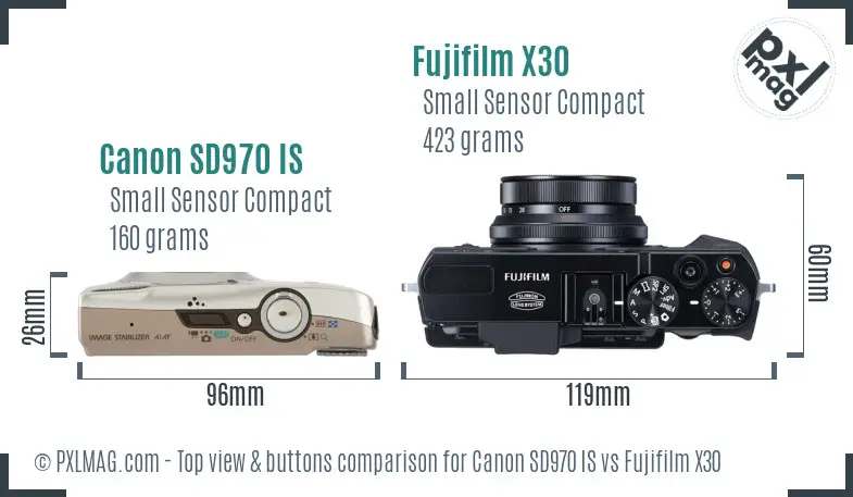 Canon SD970 IS vs Fujifilm X30 top view buttons comparison