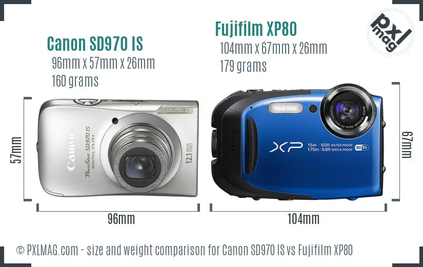 Canon SD970 IS vs Fujifilm XP80 size comparison
