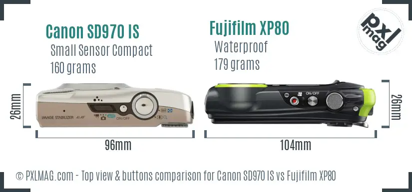 Canon SD970 IS vs Fujifilm XP80 top view buttons comparison
