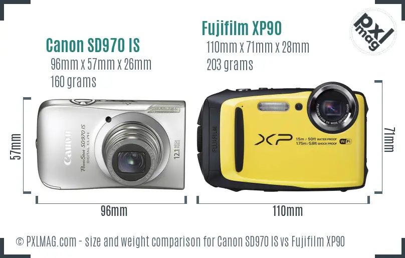 Canon SD970 IS vs Fujifilm XP90 size comparison