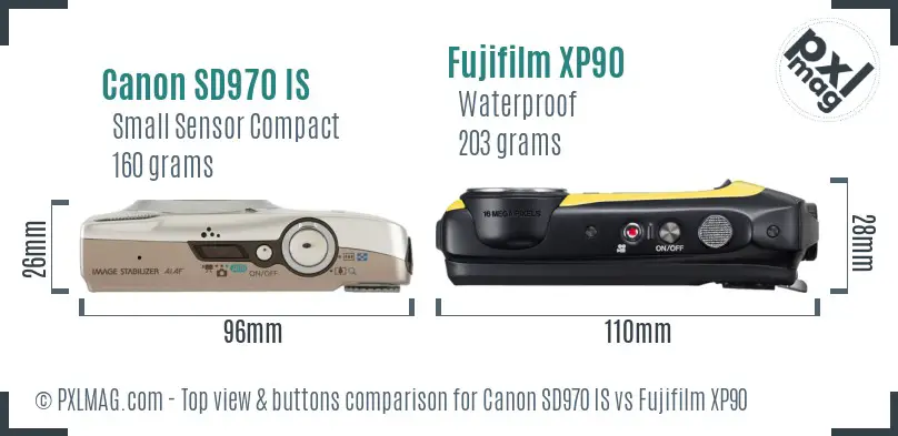 Canon SD970 IS vs Fujifilm XP90 top view buttons comparison