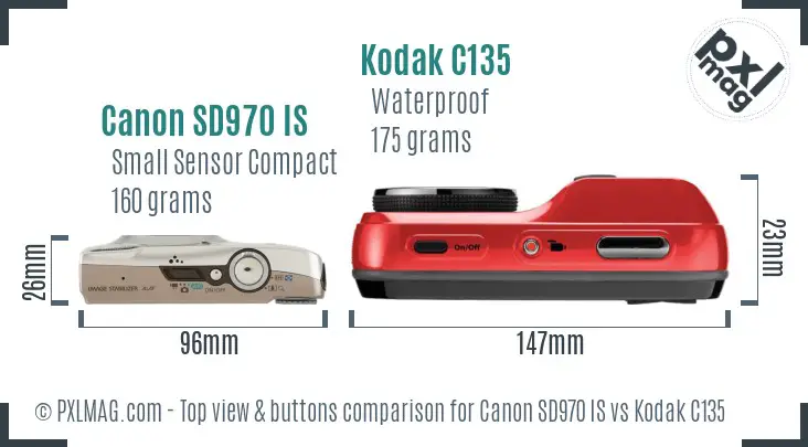 Canon SD970 IS vs Kodak C135 top view buttons comparison