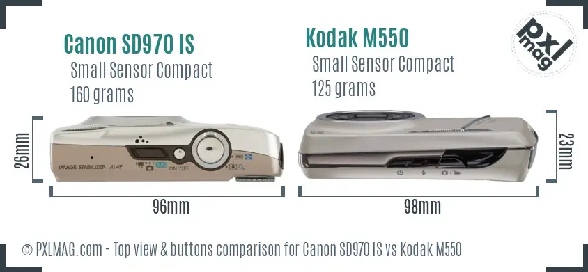 Canon SD970 IS vs Kodak M550 top view buttons comparison Canon SD970 IS vs Kodak M550 top view buttons comparison