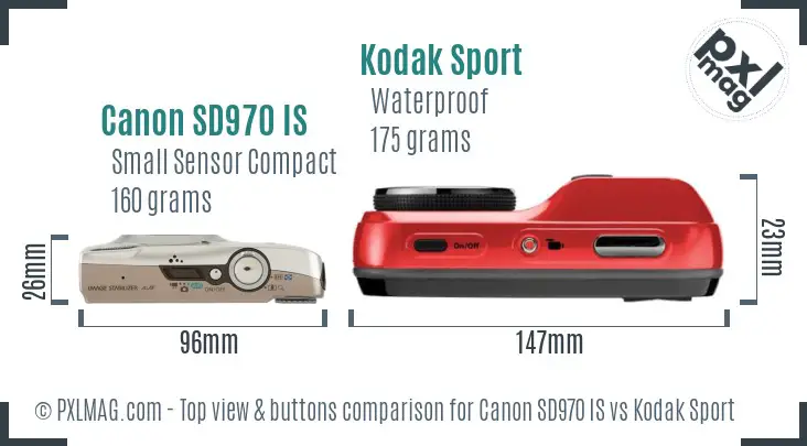 Canon SD970 IS vs Kodak Sport top view buttons comparison