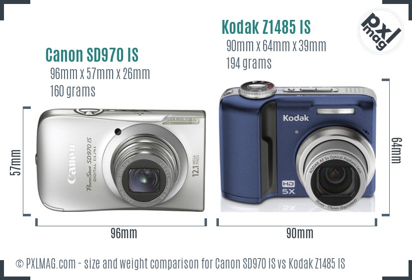 Canon SD970 IS vs Kodak Z1485 IS size comparison