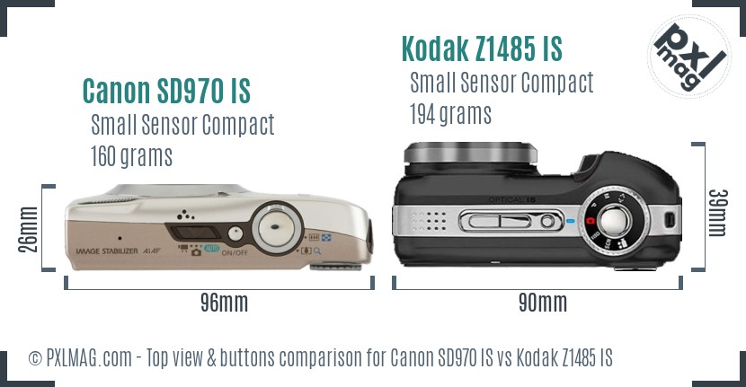 Canon SD970 IS vs Kodak Z1485 IS top view buttons comparison