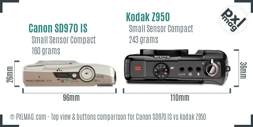 Canon SD970 IS vs Kodak Z950 top view buttons comparison