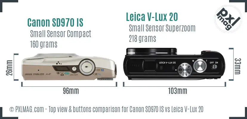 Canon SD970 IS vs Leica V-Lux 20 top view buttons comparison