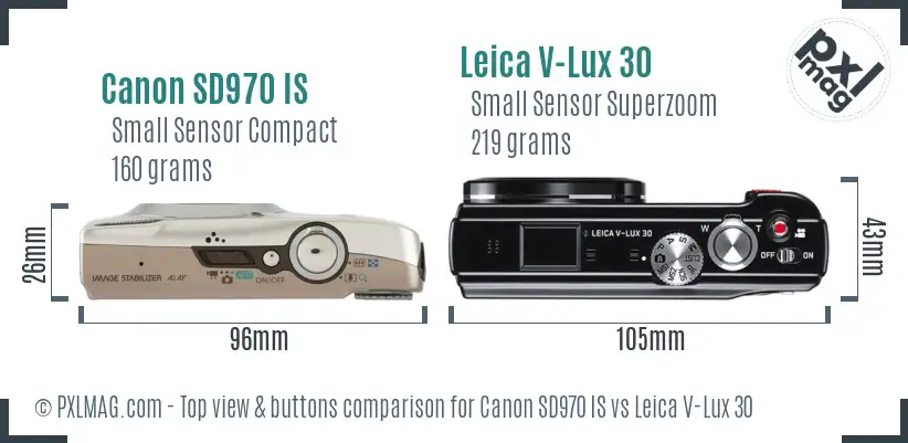 Canon SD970 IS vs Leica V-Lux 30 top view buttons comparison
