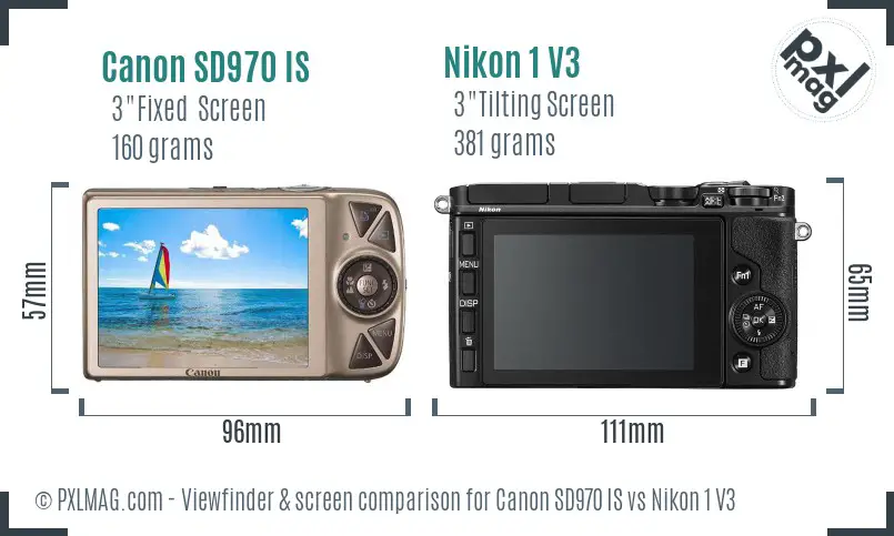 Canon SD970 IS vs Nikon 1 V3 Screen and Viewfinder comparison