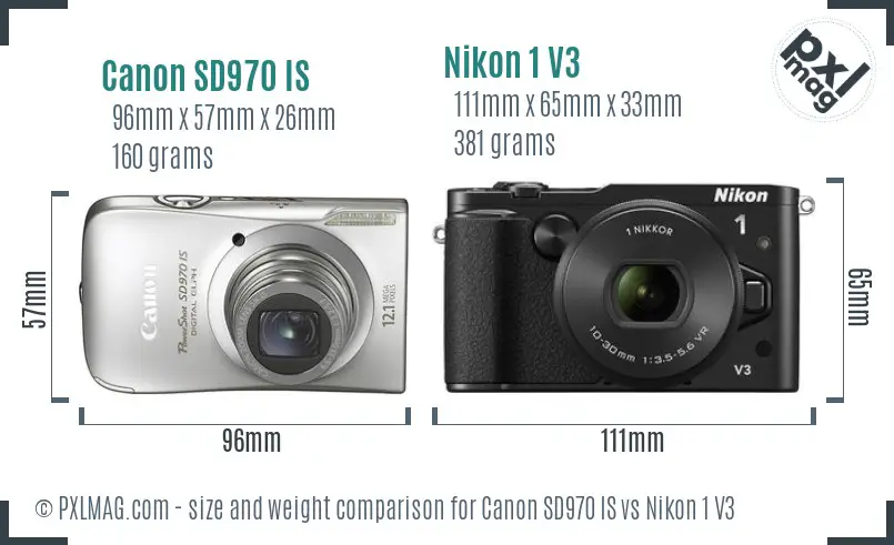 Canon SD970 IS vs Nikon 1 V3 size comparison