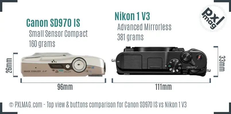 Canon SD970 IS vs Nikon 1 V3 top view buttons comparison