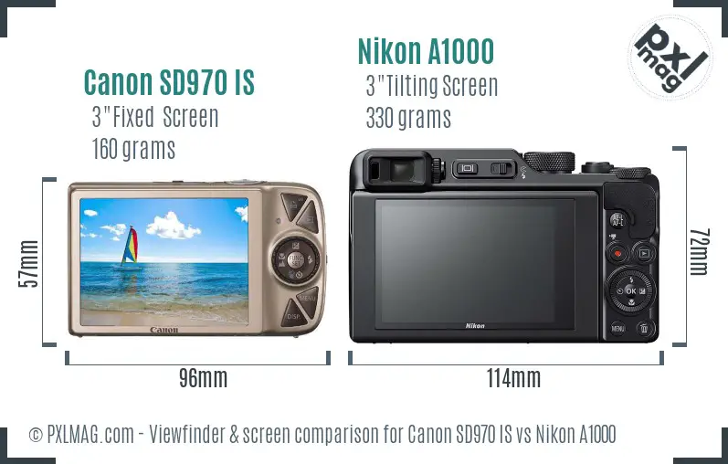 Canon SD970 IS vs Nikon A1000 Screen and Viewfinder comparison