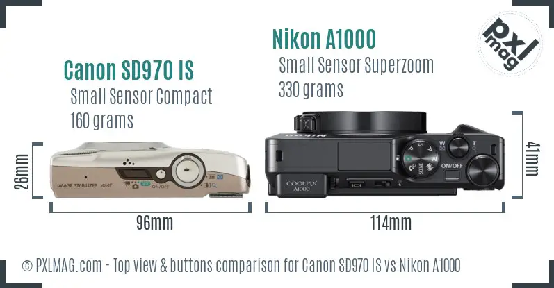 Canon SD970 IS vs Nikon A1000 top view buttons comparison