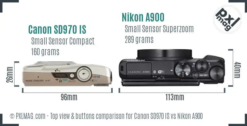 Canon SD970 IS vs Nikon A900 top view buttons comparison Canon SD970 IS vs Nikon A900 top view buttons comparison
