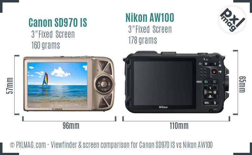 Canon SD970 IS vs Nikon AW100 Screen and Viewfinder comparison
